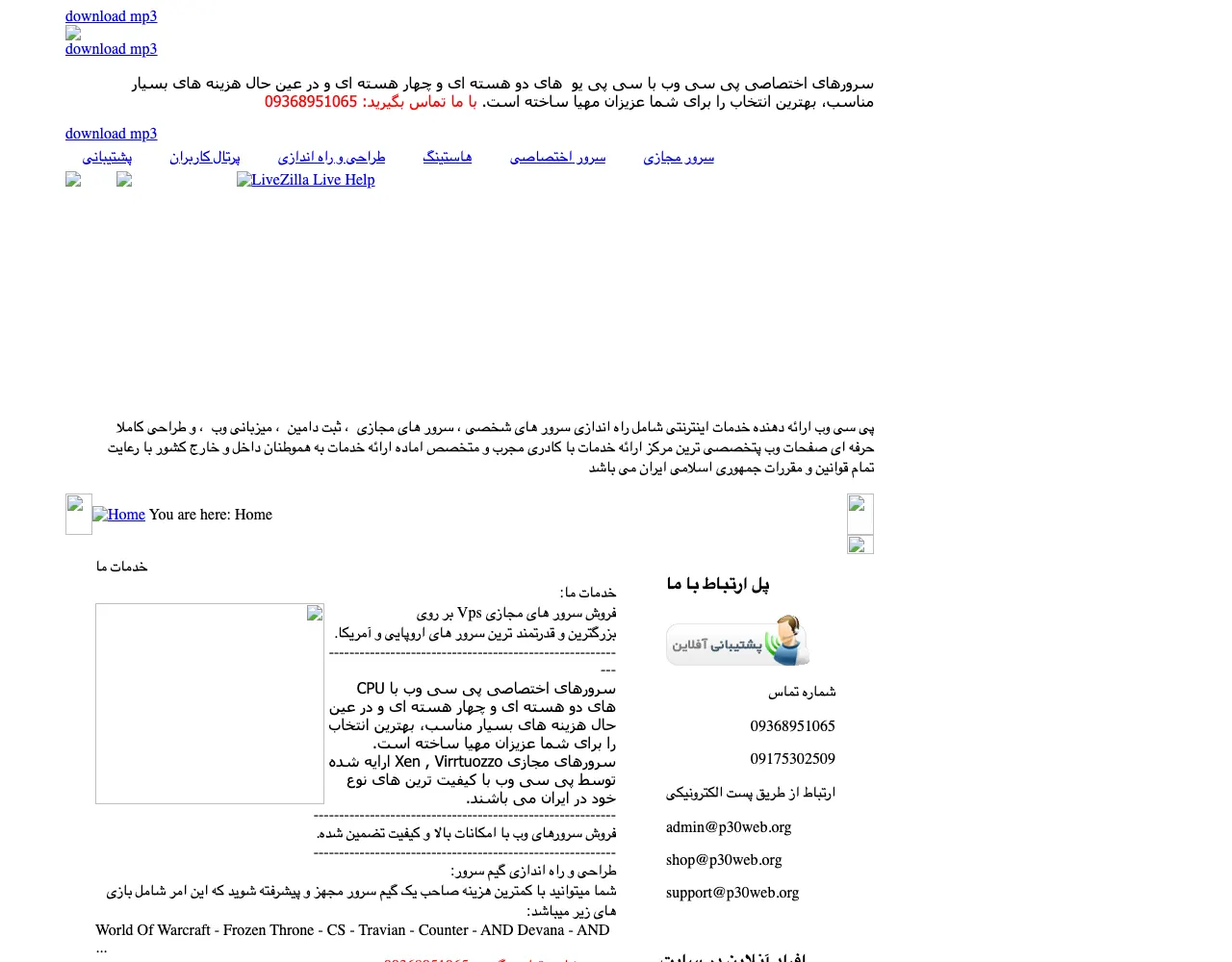 صفحهٔ اصلی در مرداد ۱۳۸۹ (اوت ۲۰۱۰)؛ میزبانی، سرور مجازی و اختصاصی